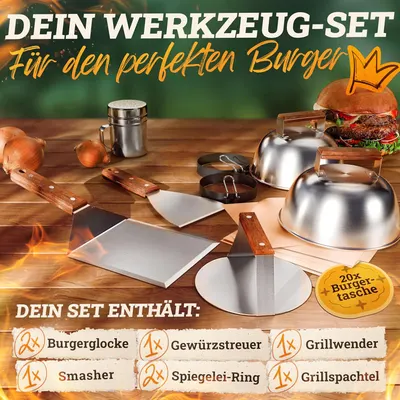 Secondary Images for LIKAYA® Smash Burger Master-Set XXL [9-TLG.] Edelstahl mit Akazienholz-Griffen für Plancha