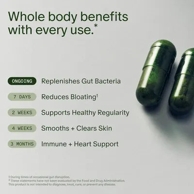 Showcases multiple health benefits of the product over time, from immediate gut health improvements to long-term immune and heart support.