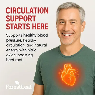 Highlights the product's ability to support healthy blood pressure, circulation, and natural energy through beet root supplementation.