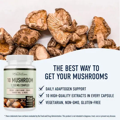 Highlights the product's adaptogen support and blend of 10 high-quality mushroom extracts as the key benefit.