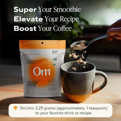 Demonstrates the versatility of the mushroom powder by showing its different use cases in smoothies, recipes, and coffee drinks.
