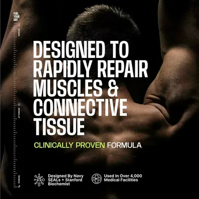 Highlights the product's ability to rapidly repair muscles and connective tissue, positioning it as an effective recovery formula.