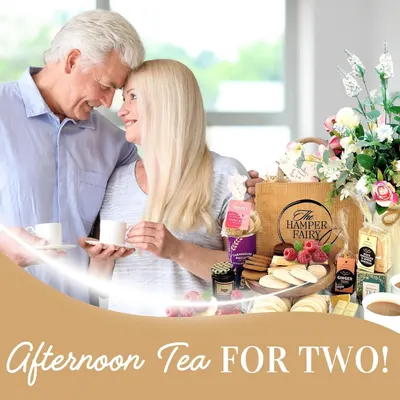 Shows the various items included in the afternoon tea gift basket to highlight the variety and contents.