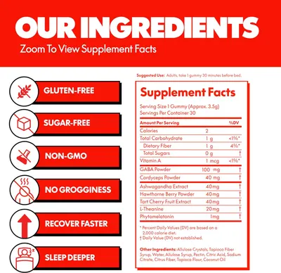 Highlights multiple key features and benefits of the supplement product, such as being free from certain ingredients and promoting better sleep and recovery.