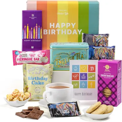 Shows all the items included in the birthday gift box or bundle.