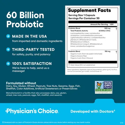 Highlights the product's high probiotic content, quality manufacturing, and suitability for those with dietary restrictions. Provides detailed information about the product's composition and serving…