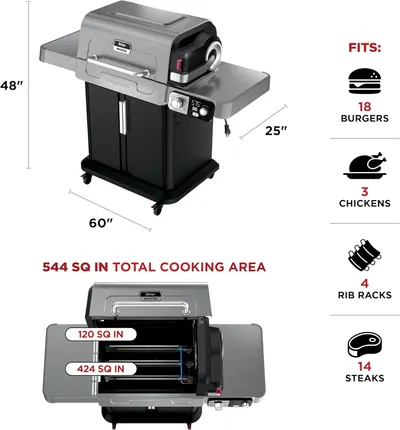 Communicates the grill's large cooking area and capacity through quantifiable metrics like dimensions and food item equivalents to highlight its versatility for different cooking needs.