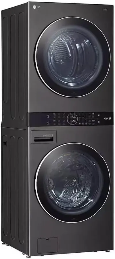 Highlights the washer and dryer's stackable design, allowing customers to visualize how the units can be combined to save space.