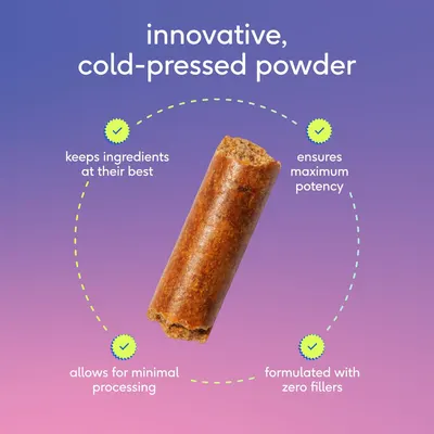 Highlights the innovative cold-pressed powder technology and its multiple benefits for ingredient quality, potency, and purity.