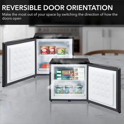 Highlights the reversible door orientation feature, allowing customers to optimize space by adjusting the direction the doors open.