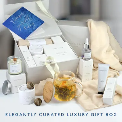 Shows all the items included in the elegantly curated luxury gift box, highlighting the various skincare products and accessories.