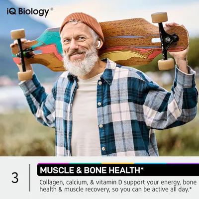 Highlights multiple health benefits of the product, focusing on muscle and bone health as well as energy support for an active lifestyle.