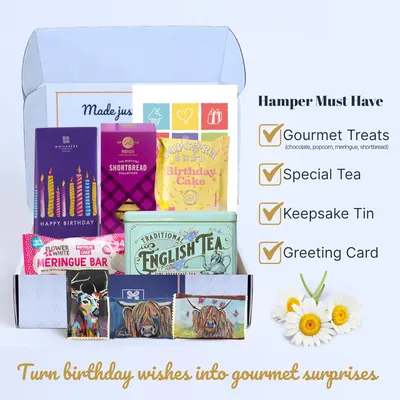 Shows the various items included in the birthday hamper to highlight the gourmet treats and special touches that make it a thoughtful gift.
