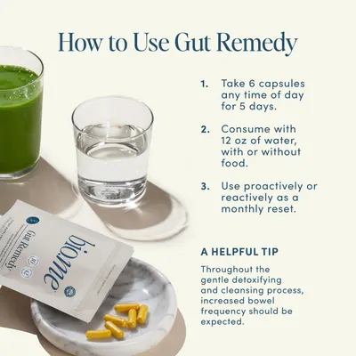 Explains how to properly use the Gut Remedy product, including dosage, timing, and frequency of use.
