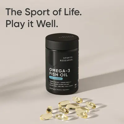 Reinforces the brand's philosophy while showcasing their Omega-3 Fish Oil product, emphasizing a lifestyle approach to health and wellness.
