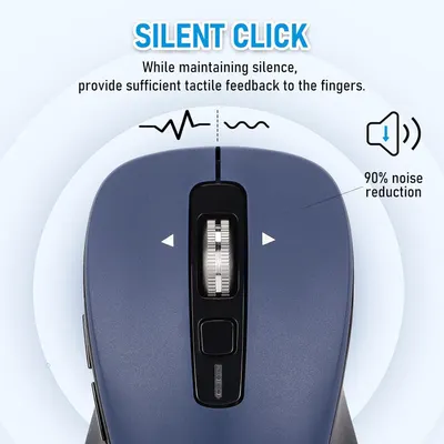 Highlights the mouse's silent clicking feature and 90% noise reduction to provide a quiet computing experience.