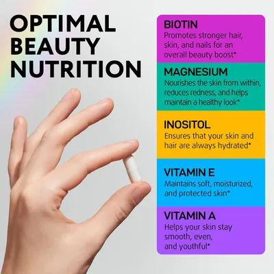 Highlights multiple key ingredients in the product and their specific benefits for skin, hair, and overall beauty enhancement.