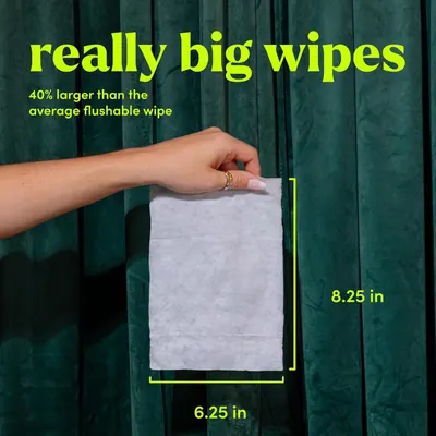 Emphasizes the larger size of the wipes compared to average flushable wipes, highlighting the product's unique selling point. Provides exact measurements of the wipe to give customers a clear…