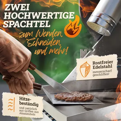 Secondary Images for LIKAYA® Smash Burger Master-Set XXL [9-TLG.] Edelstahl mit Akazienholz-Griffen für Plancha