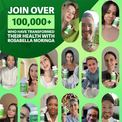 Showcases real customers using the Rosabella Moringa product to build trust and demonstrate widespread adoption. Highlights the large number of satisfied customers who have experienced health…