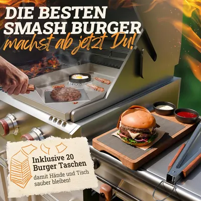 Secondary Images for LIKAYA® Smash Burger Master-Set XXL [9-TLG.] Edelstahl mit Akazienholz-Griffen für Plancha