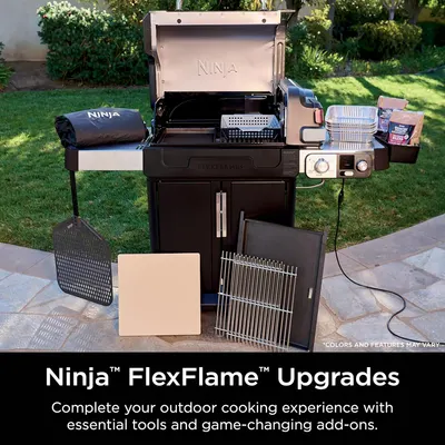 Shows the various accessories and add-ons included with the Ninja FlexFlame grill to enhance the outdoor cooking experience.