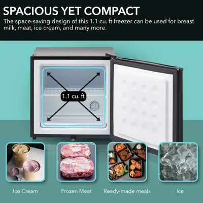 Highlights the freezer's compact 1.1 cu. ft. size while showcasing its versatility for storing different frozen items like ice cream, meat, meals, and ice.
