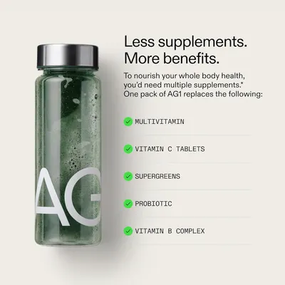 Demonstrates how AG1 replaces multiple individual supplements, emphasizing convenience and comprehensive nutrition.