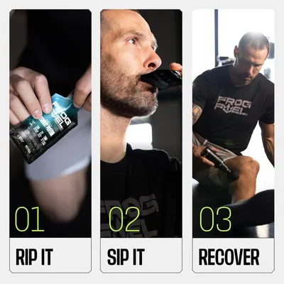 Explains the steps for using a pre-workout supplement product: rip open the packet, consume the drink, and recover after a workout.