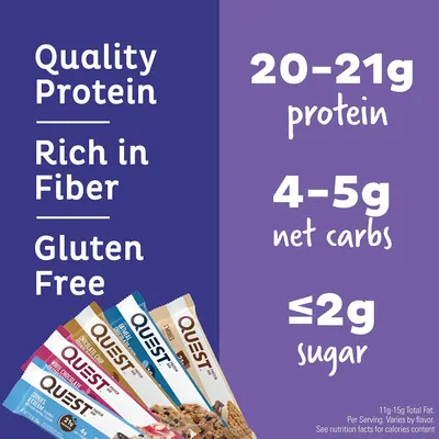 Highlights the key nutritional metrics of the Quest protein bars to appeal to health-conscious consumers looking for high-protein, low-carb options. Showcases multiple health benefits of the product…