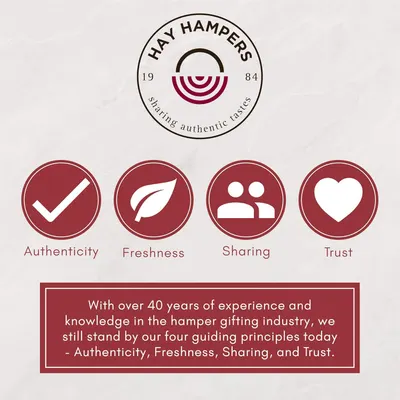 Highlights the brand's core values and principles that have guided their hamper gifting business for over 40 years.