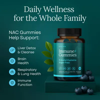 Highlights multiple health benefits of NAC gummies to show the product's versatility in supporting overall wellness for the whole family.