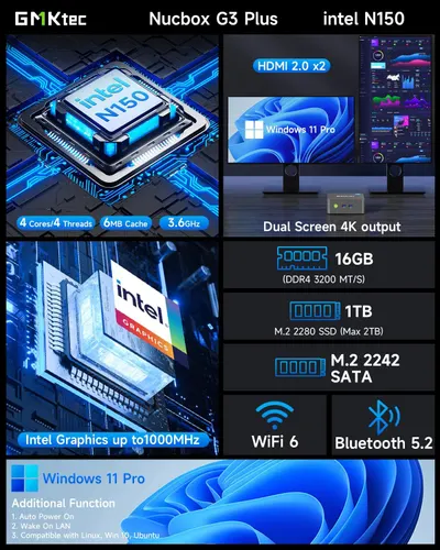 Secondary Images for GMKtec Mini PC Intel N150 (Turbo 3.6GHz) 16GB DDR4 1TB PCIe M.2 NVMe SSD
