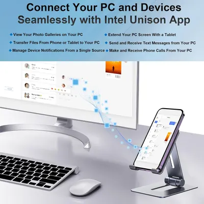 Showcases the multiple features and benefits of the Intel Unison App for seamlessly connecting PCs and mobile devices.
