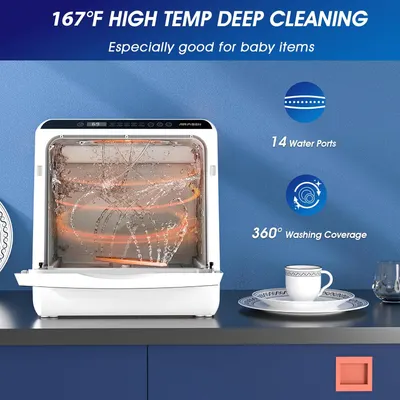 Highlights multiple key features of the product's cleaning performance, such as high temperature, water port coverage, and 360° washing, to demonstrate its deep cleaning capabilities, especially for…