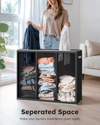 Shows the product in use for organizing and separating laundry in a real home setting.
