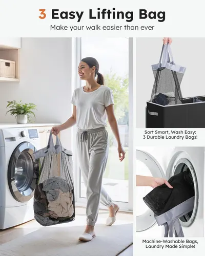 Showcases the key features of the laundry bag product - easy lifting design, durable construction, and machine-washable material - to highlight its…