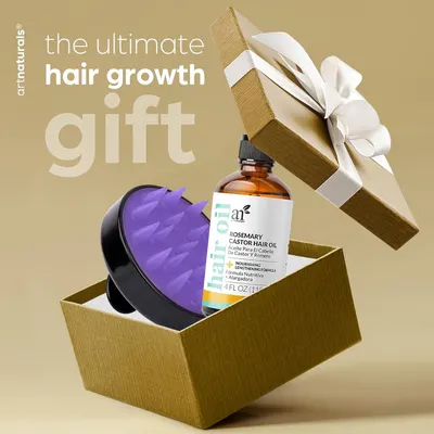 Shows the hair growth oil product along with the gift box it comes packaged in, highlighting what the customer receives when purchasing.