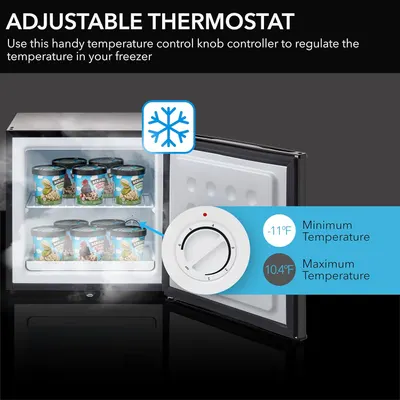 Highlights the freezer's adjustable thermostat feature, allowing customers to regulate the temperature to their desired setting.