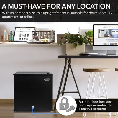 Demonstrates the versatility and portability of the upright freezer by showcasing its compact design suitable for various living spaces like dorms, RVs,…