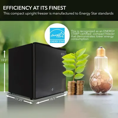 Highlights the freezer's energy efficiency by showcasing its Energy Star certification and lower energy consumption compared to standard models.