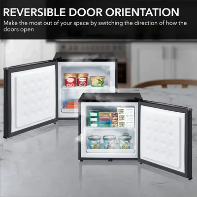 Highlights the reversible door orientation feature, allowing customers to optimize space by adjusting the direction the doors open.