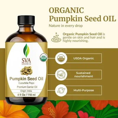 Highlights the key features of the pumpkin seed oil being USDA certified organic, providing nourishment, and being multi-purpose for use.