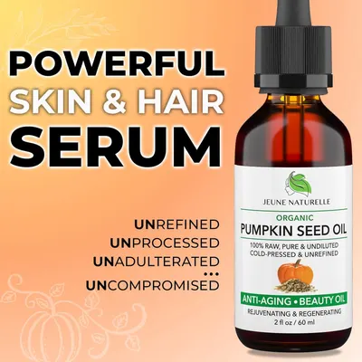Highlights the powerful anti-aging, rejuvenating, and regenerating benefits of the pumpkin seed oil serum for skin and hair.