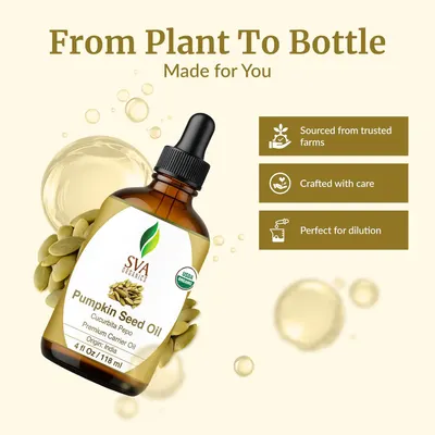 Highlights multiple benefits of the pumpkin seed oil product, including its trusted sourcing, careful crafting process, and suitability for dilution.