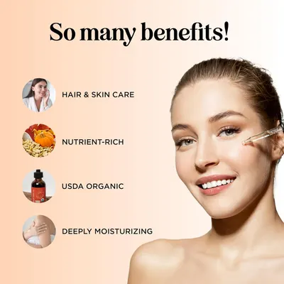 Showcases multiple benefits of the product including hair/skin care, nutrient richness, organic certification, and deep moisturization to highlight its versatility and natural ingredients.