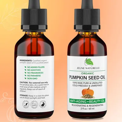 Highlights the key benefit of the pumpkin seed oil being an anti-aging and rejuvenating beauty product for skin.