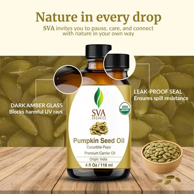 Highlights multiple features of the pumpkin seed oil product, including the UV-blocking amber glass bottle, leak-proof seal, and USDA Organic certification to…