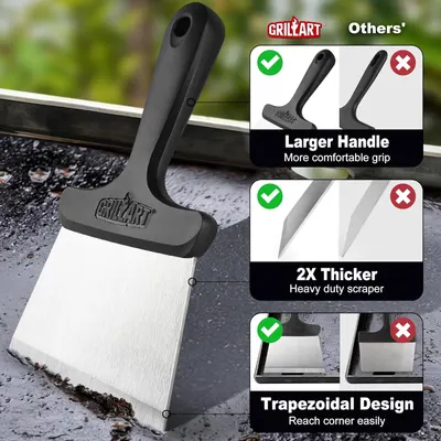 Compares the product's features like larger handle, thicker scraper, and trapezoidal design to competitors' products to highlight its superiority.