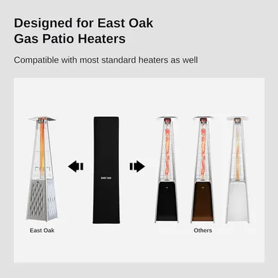 Visually compares the unique design of East Oak's patio heaters to other standard heaters to highlight their differentiated product.
